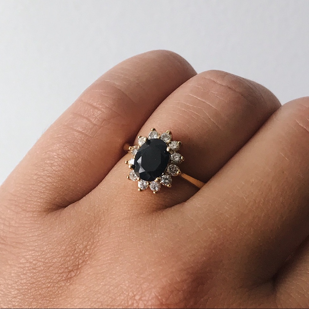 Black Stone Oval Ring with Halo Size 7 - Picture 2 of 14